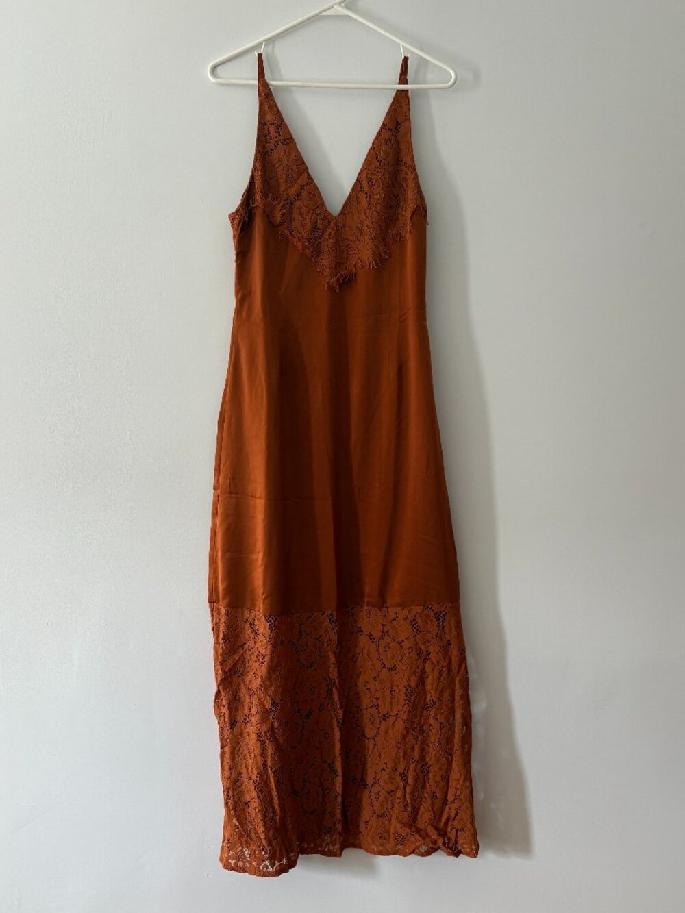 WAREHOUSE Rust Satin Lace Maxi Slip Dress - Size 4
